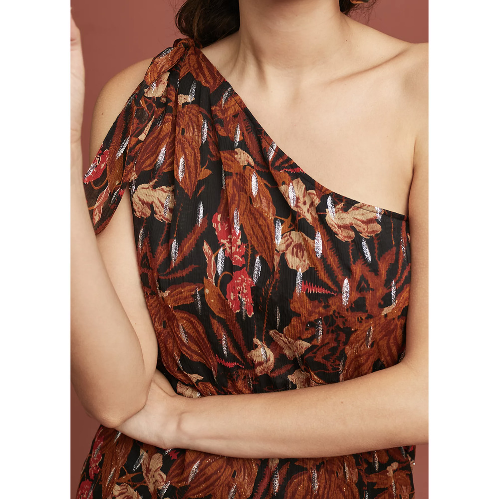 Maeve Anthropologie Kyoto One Shoulder Metallic Floral Jumpsuit Size 2 Black - Picture 2 of 8